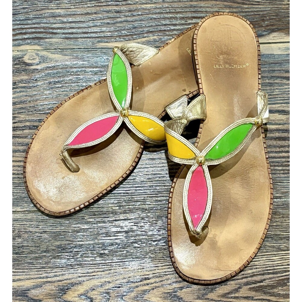 LILLY PULITZER Vintage Colorful Petal & Gold Leather Thong Sandals - Sz 8 1/2 M